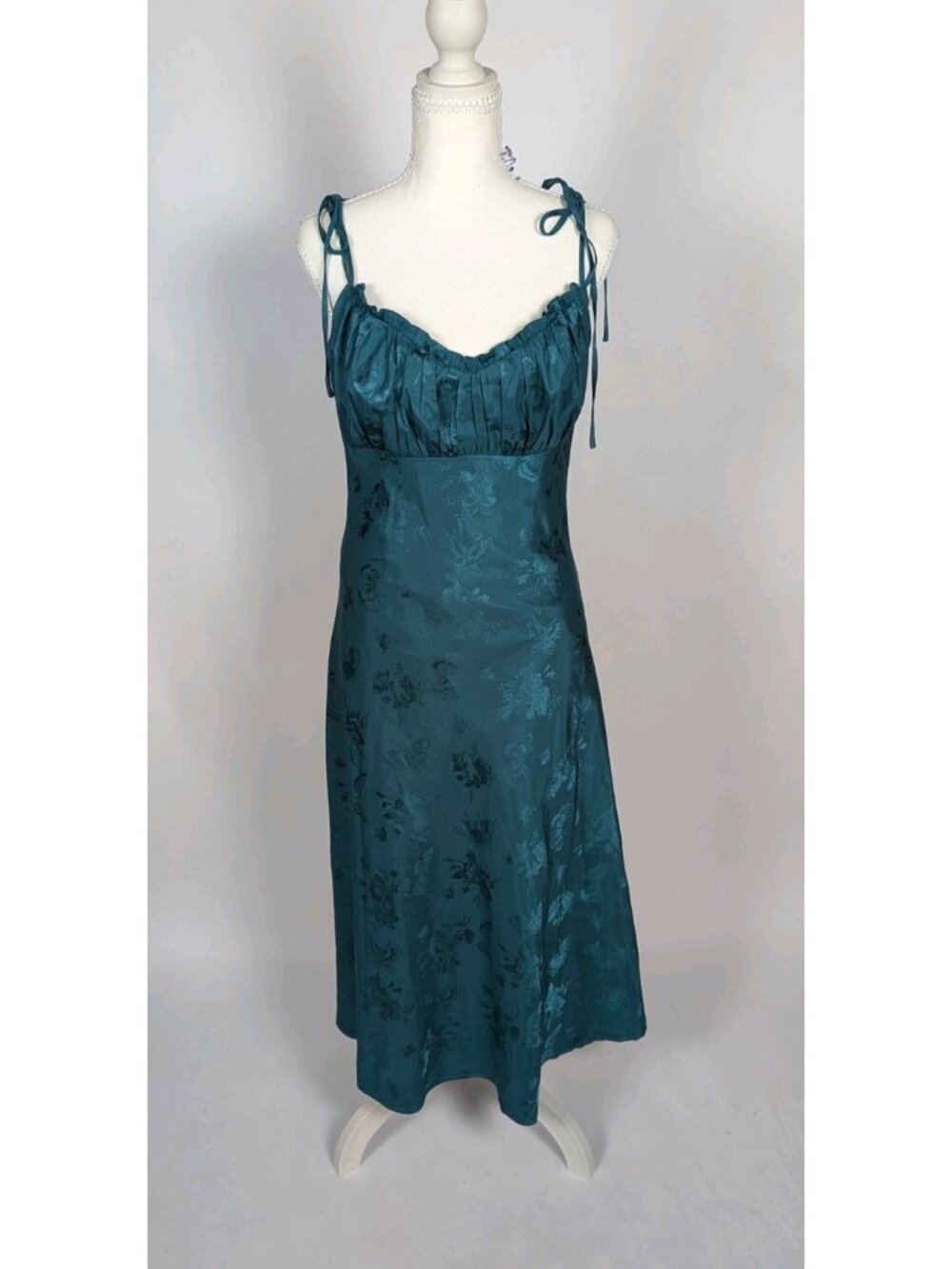 Simple Retro Satin Butterfly Floral Slip Dress Women's M Green Tie Shoulder Midi